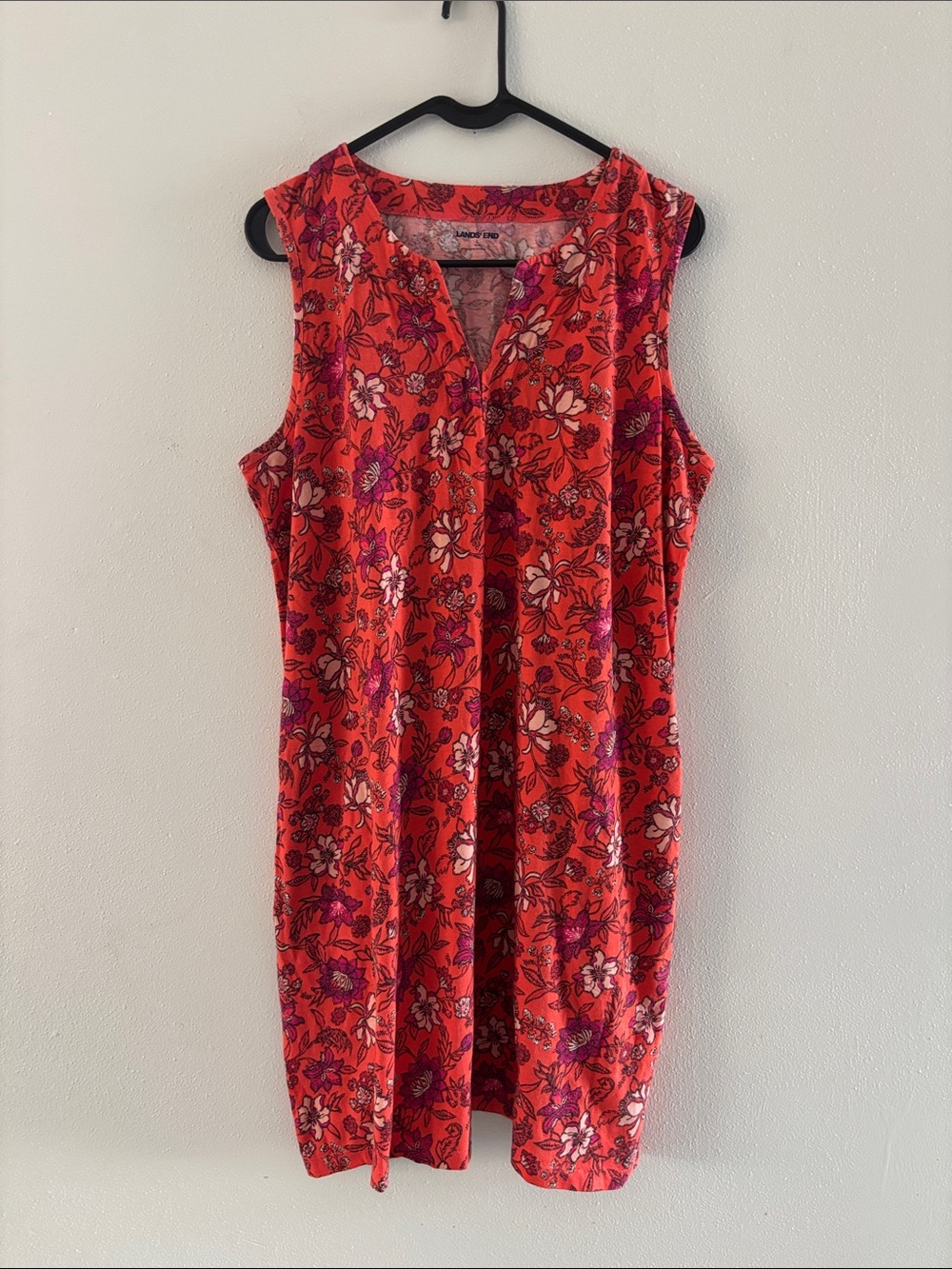 Lands' End Red Floral Cotton Sleeveless Shift Dress-Size L-